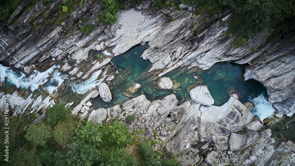 Vercasca Poster aerial valle verzasca emerald green water – Muurposter | Europosters
