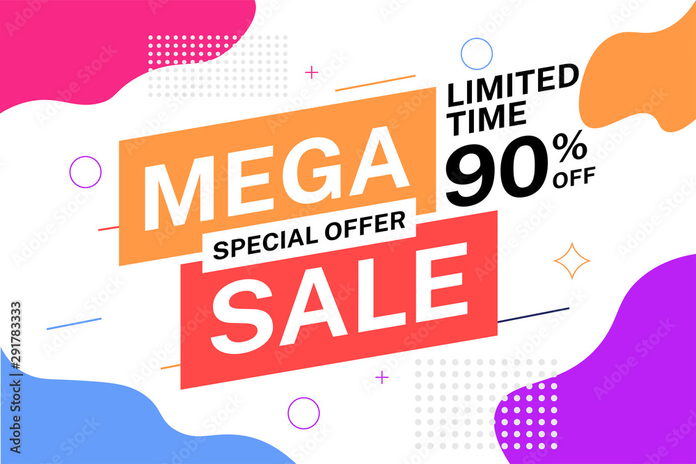 Mega sale discount banner design. Limited time 90% off. Modern vector illustration liquid background
