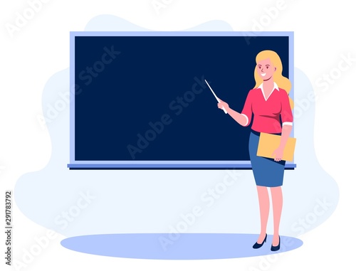 Teacher with a pointer shows on the blackboard. A young girl with a pointer and a folder in her hand stands near the blackboard. Flat vector illustration isolated on white background.