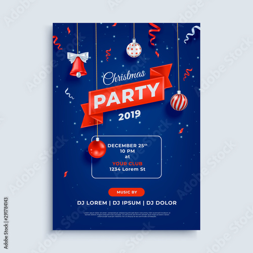 Merry Christmas party layout poster template with design elements.