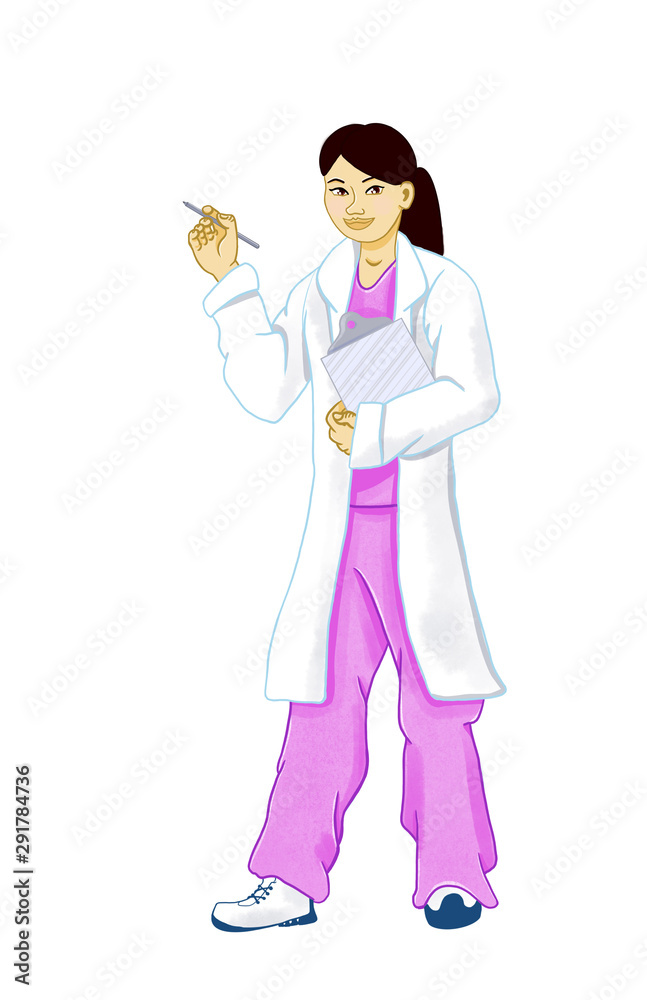 Asian Female Doctor Holding Clipboard and Pen Isolated over White Background Asian Female Doctor Holding Clipboard and Pen Isolated over White Background