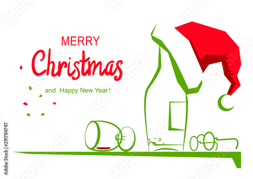 Christmas greeting card with text. Vector cartoon illustration of holiday table with alcohol and Santa hat isolated on white.