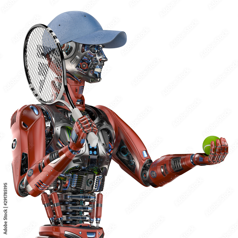 Robot tennis player or android cyborg with a racket offering a tennis ball.  Side view of the upper body isolated on white background. 3d render Stock  Illustration | Adobe Stock