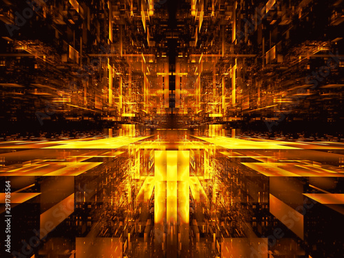 Golden hall or futuristic tunnel - digitally generated 3d illustration
