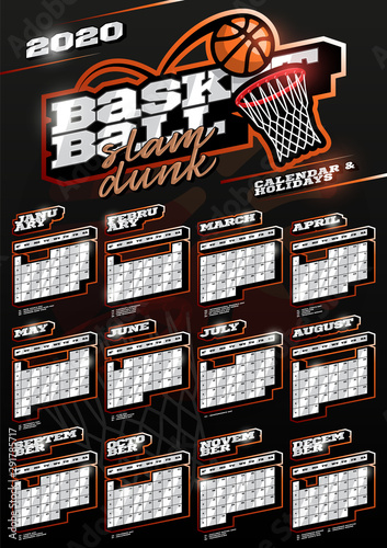 Basketball sport wall vertical calendar for 2020. One page Retro style calendar template with holidays and sport equipment. Black background.