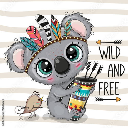 Cartoon Koala with feathers on a stripes background