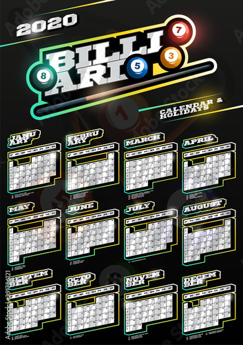 Billiard sport wall vertical calendar for 2020. One page Retro style calendar template with holidays and sport equipment. Black background.