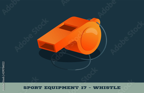 Vector orange whistle icon. Game equipment. Professional sport, classic whistle for official competitions and tournaments. Isolated illustration