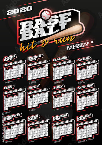 Baseball sport wall vertical calendar for 2020. One page Retro style calendar template with holidays and sport equipment. Black background.