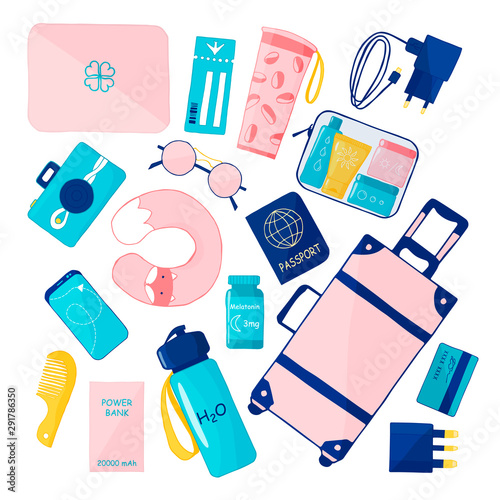 Travel kit. Hand drawn set of icons. Flat vector illustration.