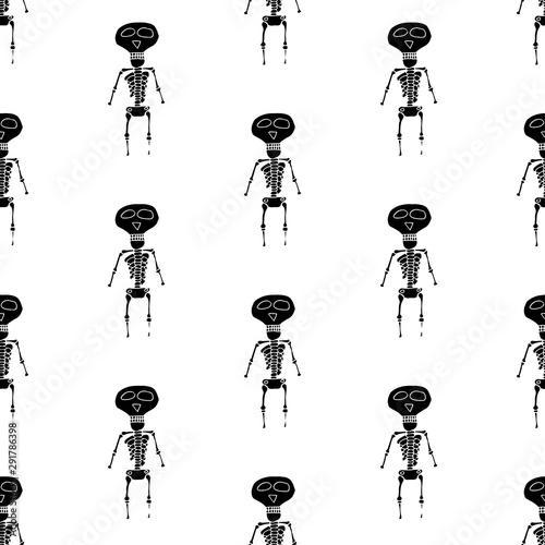 Funny cartoon halloween pattern with hand drawn skeletons. Doodle vector black and white halloween pattern. Seamless monochrome halloween pattern for textile, wallpapers, wrapping paper and cards.