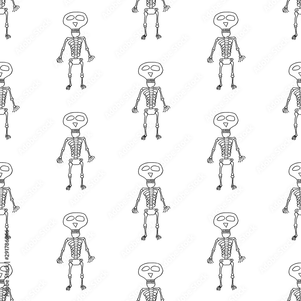 Funny cartoon halloween pattern with hand drawn skeletons. Doodle vector black and white halloween pattern. Seamless monochrome halloween pattern for textile, wallpapers, wrapping paper and cards. Funny cartoon halloween pattern with hand drawn skeletons. Doodle vector black and white halloween pattern. Seamless monochrome halloween pattern for textile, wallpapers, wrapping paper and cards.