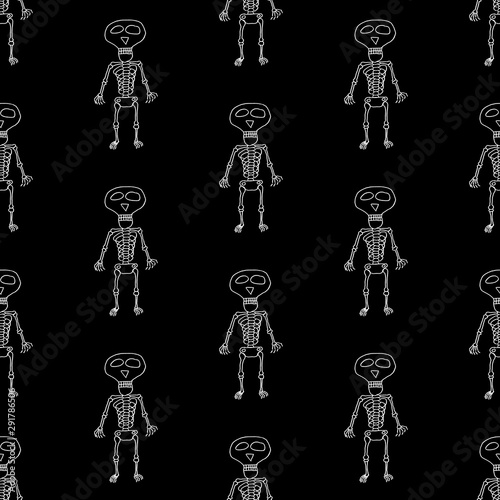 Funny cartoon halloween pattern with hand drawn skeletons. Doodle vector black and white halloween pattern. Seamless monochrome halloween pattern for textile, wallpapers, wrapping paper and cards.