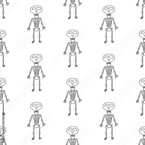 Funny cartoon halloween pattern with hand drawn skeletons. Doodle vector black and white halloween pattern. Seamless monochrome halloween pattern for textile, wallpapers, wrapping paper and cards.