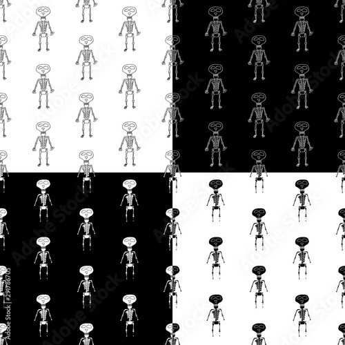 Funny cartoon halloween pattern set with hand drawn skeletons. Doodle vector black and white halloween pattern set. Seamless monochrome halloween pattern set for textile, wallpapers, wrap and cards.