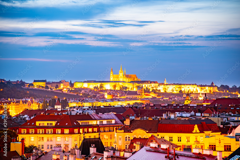Prague Castle evening panorama. Lookout from Vysehrad. Prague, Czech Republic