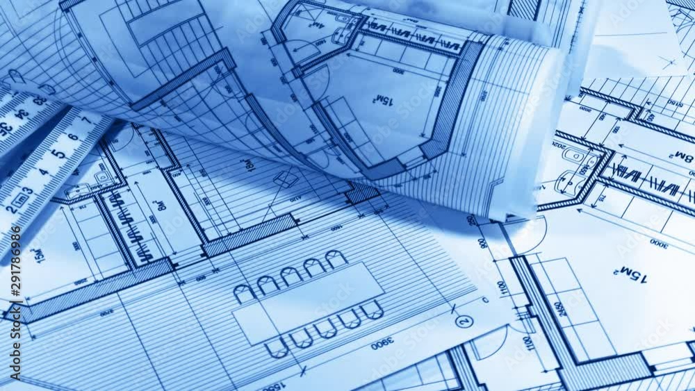 Blueprints - architectural drawings rolls smoothly rotate on the white surface / seamless looping Blueprints - architectural drawings rolls smoothly rotate on the white surface / seamless looping