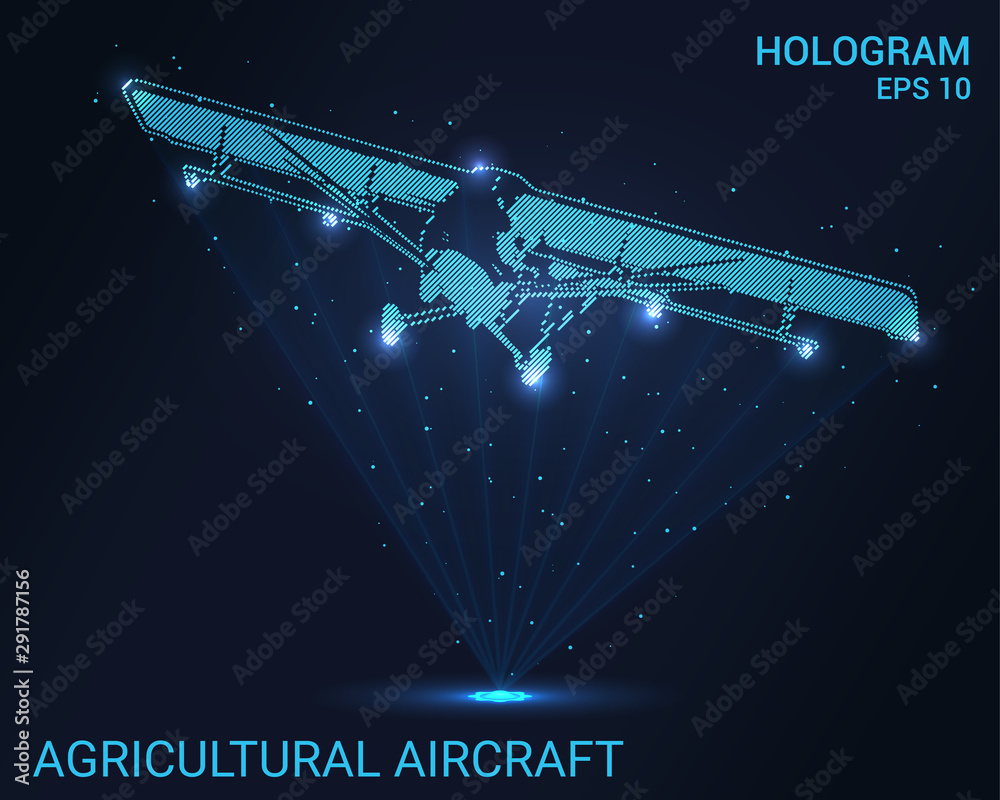 Hologram plane. A holographic projection of agricultural aircraft. Flickering energy flux of particles. The scientific design of the aircraft.