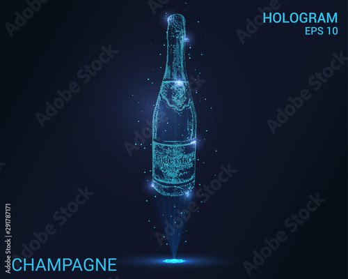 Hologram champagne. Holographic projection of a bottle of champagne. Flickering energy flux of particles. Scientific design drinks.