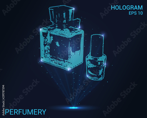 Hologram perfumes. Holographic projection of perfume and varnish. Flickering energy flux of particles. Scientific fashion design.