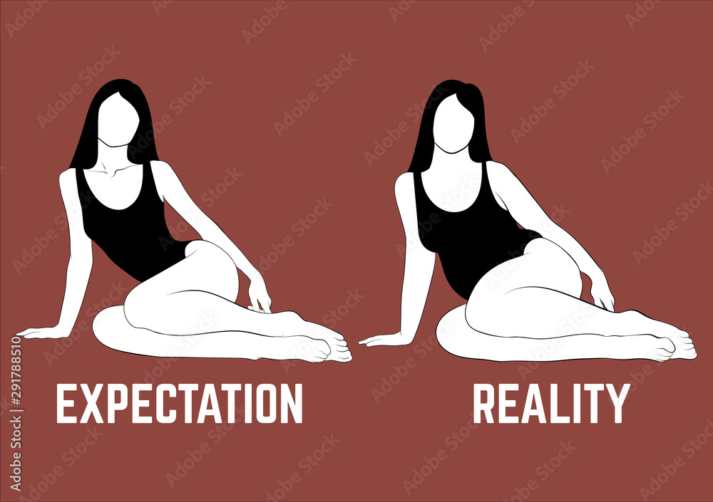 Expectation. Reality. Vector hand drawn illustration of girls in ...