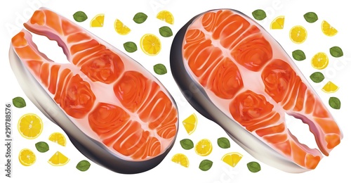 Salmon fish raw steaks with lemon. Red fish, delicacy. Fillet, steak of fresh salmon. Seafood for your menu. 3D vector illustration isolated on white background.