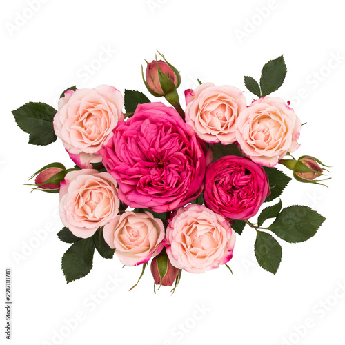 Flowers in composition  top view  isolated on white background. Roses peonies