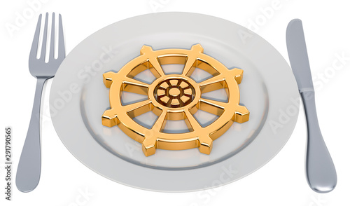 Buddhist Lent concept. Plate with Dharmachakra. 3D rendering photo