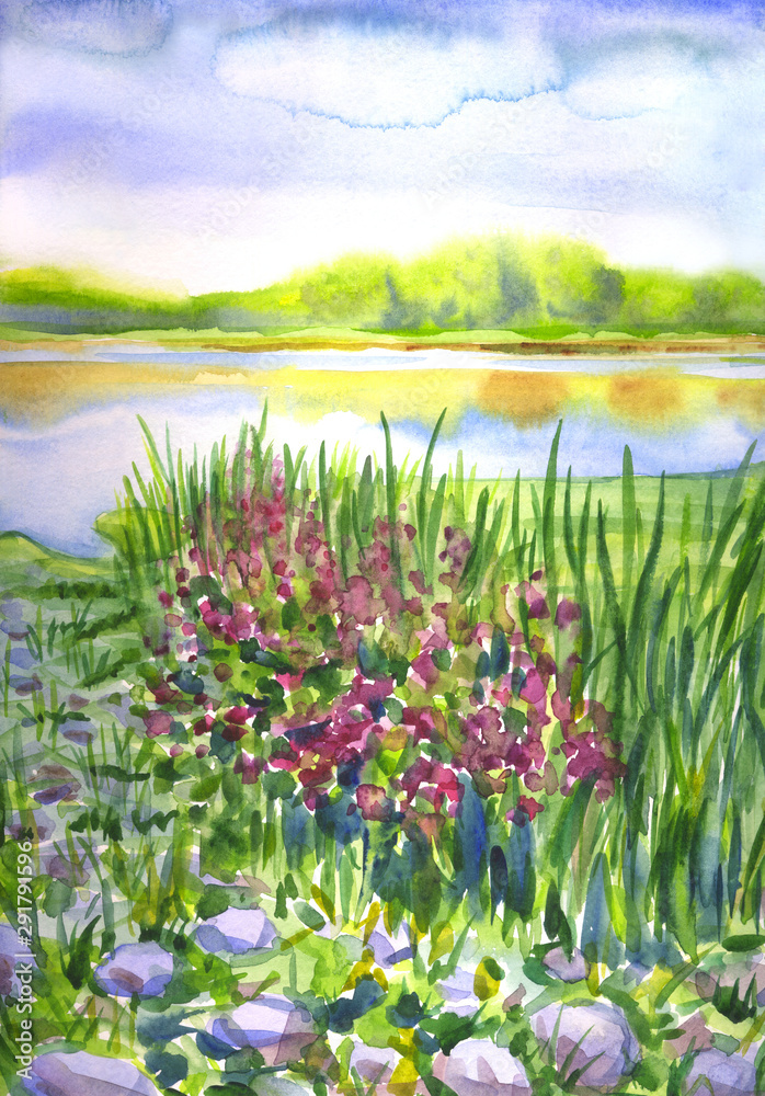 Fototapeta premium Landscape with a rocky flowering riverside, watercolor illustration, painting.