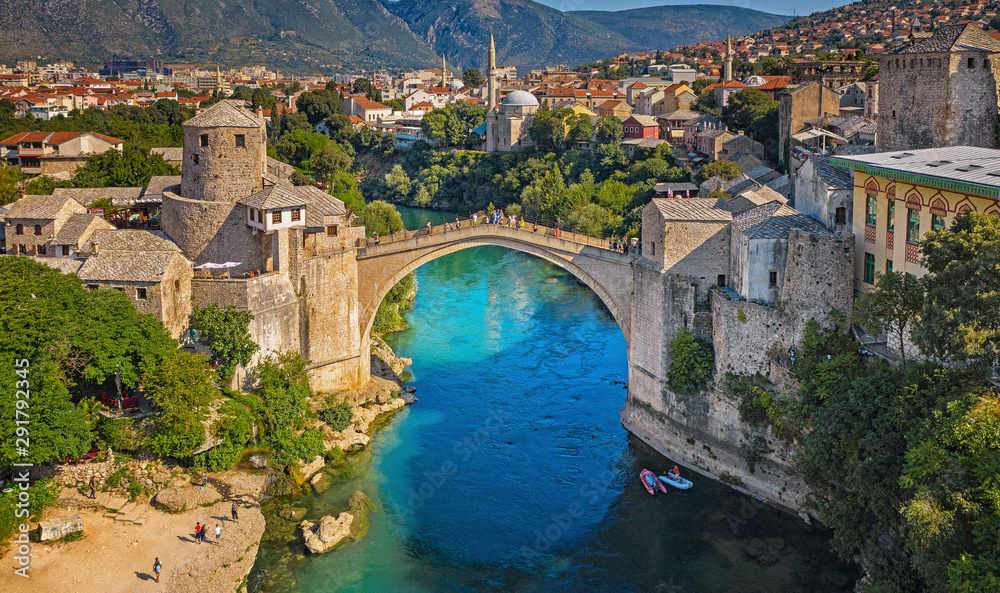 Aerial view on the medieval bridge of Mostar