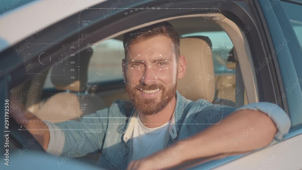 Future. Face Detection. Technological 3d Scanning. Biometric Facial Recognition. Face Id. Technological Scanning of the Face of Handsome Caucasian Man In The Car for Facial Recognition. Shoted by Arri