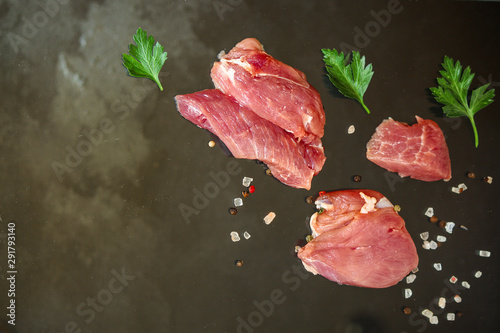 raw meat, knife, spices (juicy piece, cooking) menu concept. food background. copy space. Top view