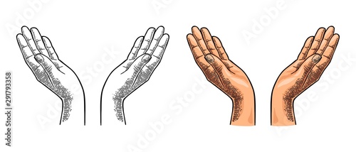 Two open female hands showing protecting gesture. Vector color vintage engraving photo