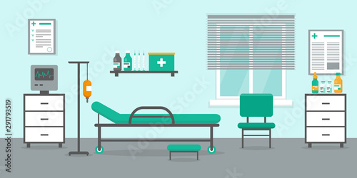 Intensive therapy room with bed, window and medical equipment. Hospital emergency room interior vector.illustration.