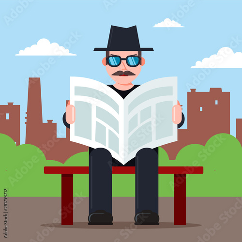 spy sits on a bench with a newspaper in his hands and a hat. secret observer character. Flat vector illustration.