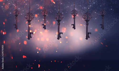 Vintage key on abstract bokeh background. Magic background with an object in the center, neon light, lens flare, dark background with bokeh.