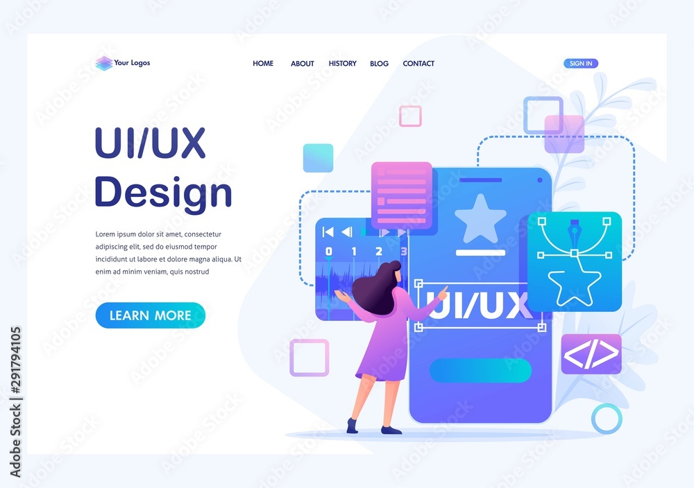 Young woman creates a custom design for a mobile application, Ui UX design. Flat 2D character. Landing page concepts and web design