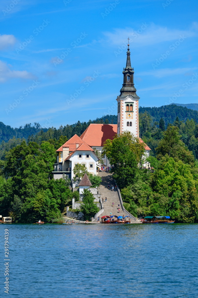 View of the Pilgrimage Church of the Assumption of Maria (Mary) on Lake Bled island. View of the Pilgrimage Church of the Assumption of Maria (Mary) on Lake Bled island.