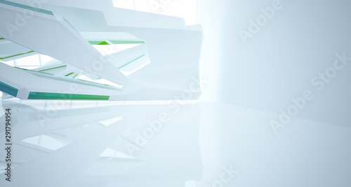 Fototapeta Naklejka Na Ścianę i Meble -  Abstract architectural glass gradient color interior of a minimalist house with large windows. 3D illustration and rendering.