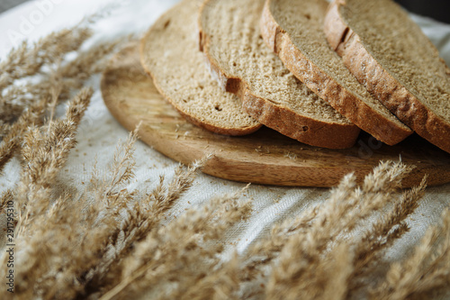 Cut bread on a wooden board