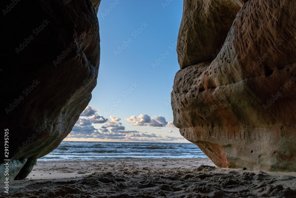 landscape with sandstone cliff, interesting sand structure and formations, Veczemju clifts, Latvia