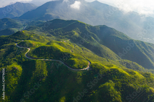 Aerial view of cars driving on curved, zigzag road or street on mountain hill with green natural forest trees in Kowloon City, Hong Kong, Republic of China. photo