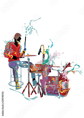 Abstract colorful musical poster design with musicians and musical waves. Hand drawn vector illustration