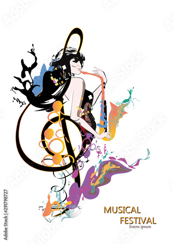 Abstract colorful musical poster design with musicians and musical waves. Hand drawn vector illustration