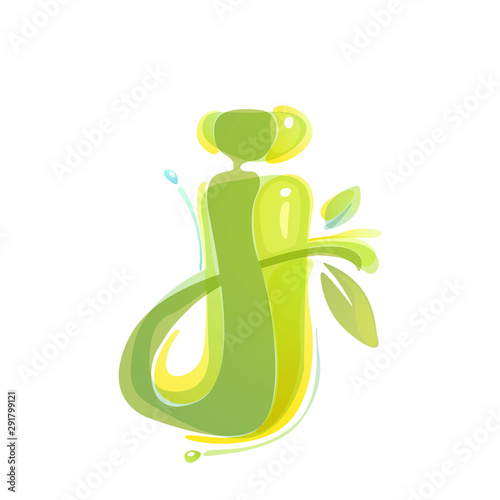 J letter eco logo formed by watercolor splashes.