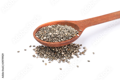 Chia seeds and wooden spoon isolated on white background