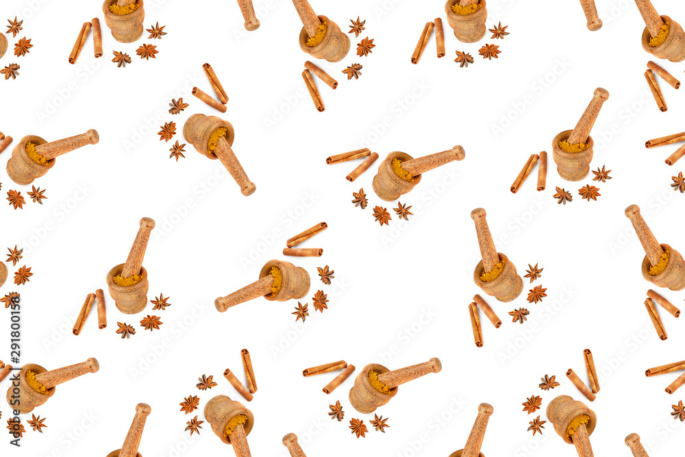 Seamless pattern with mortar, pestle, cinnamon and star anise on white background. Seamless pattern with mortar, pestle, cinnamon and star anise on white background.