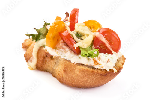 Spanish Tapas and Pinchos with cottage cheese, tomatoes, garlic and herbs, Italian Bruschetta, isolated on white background