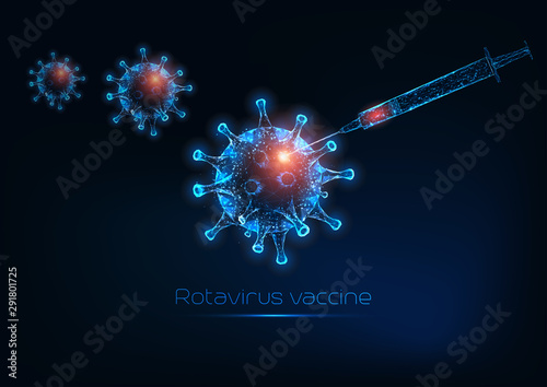 Futuristic glowing low polygonal rotavirus or influenza virus cells and syringe with vaccine.