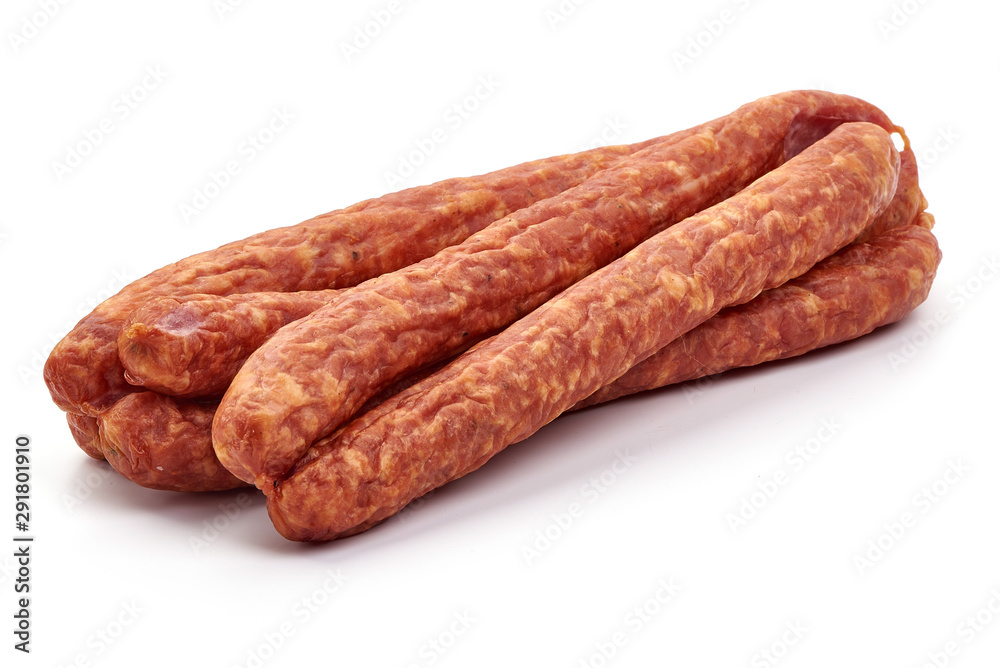 Smoked pork sausages, isolated on white background Smoked pork sausages, isolated on white background
